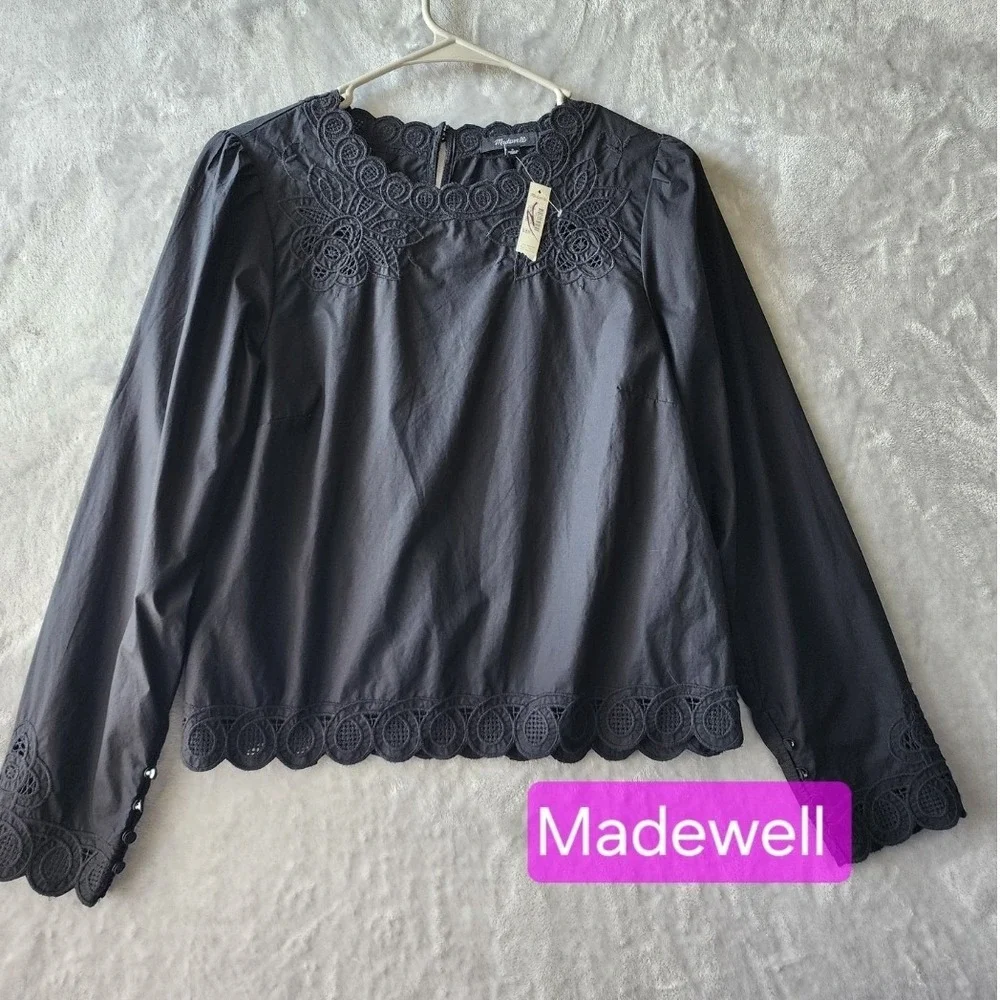 Madewell Top Womens Size Small Embroidered Eyelet Puff Sleeve Black Cotton NWT